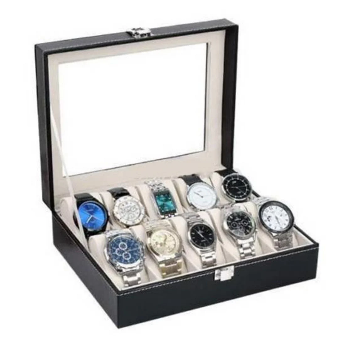 Watchfinder 10-Compartment Premium Leather Watch Case — Black