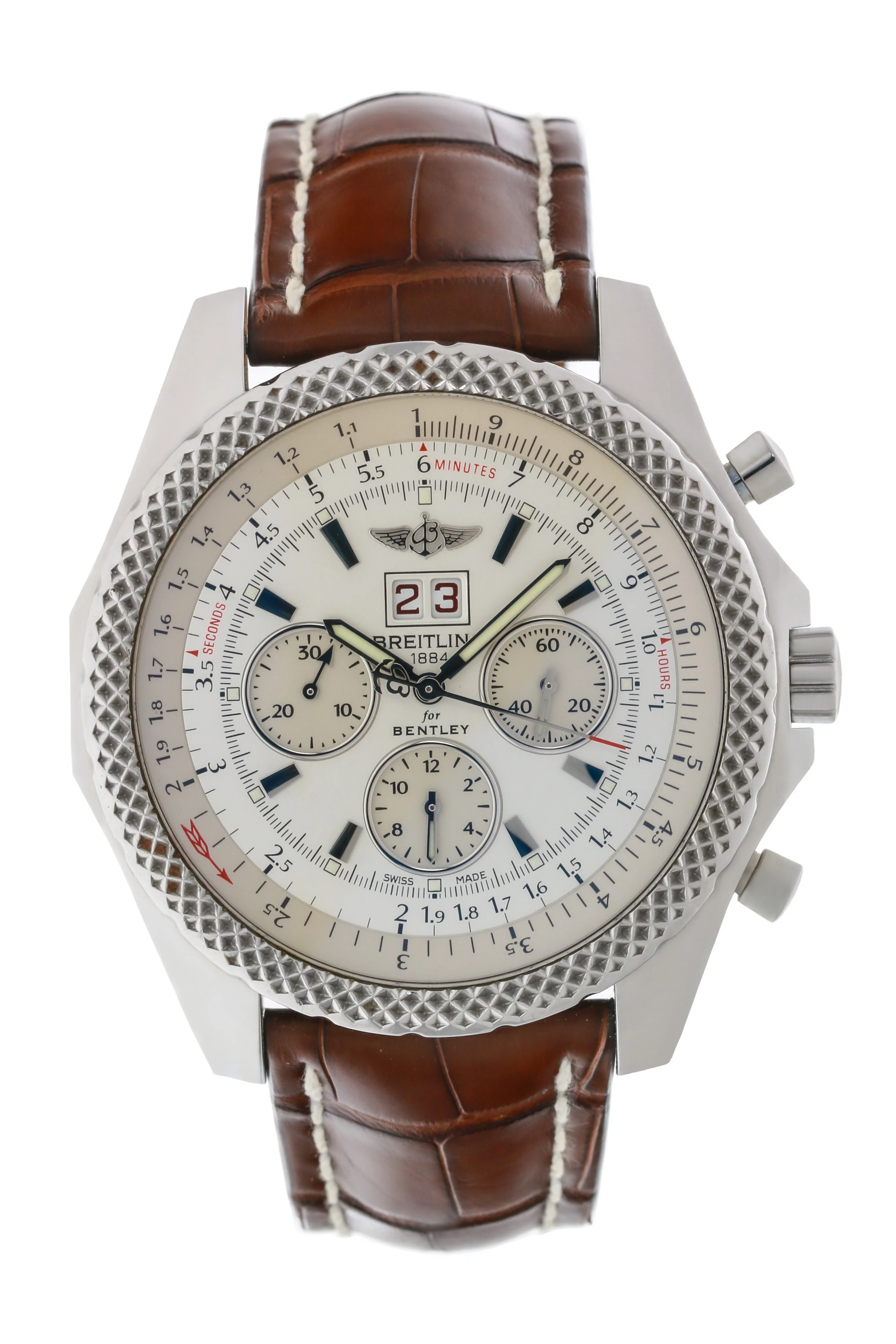 Breitling Bentley 6.75 Steel on Brown Leather Strap White Dial A44362