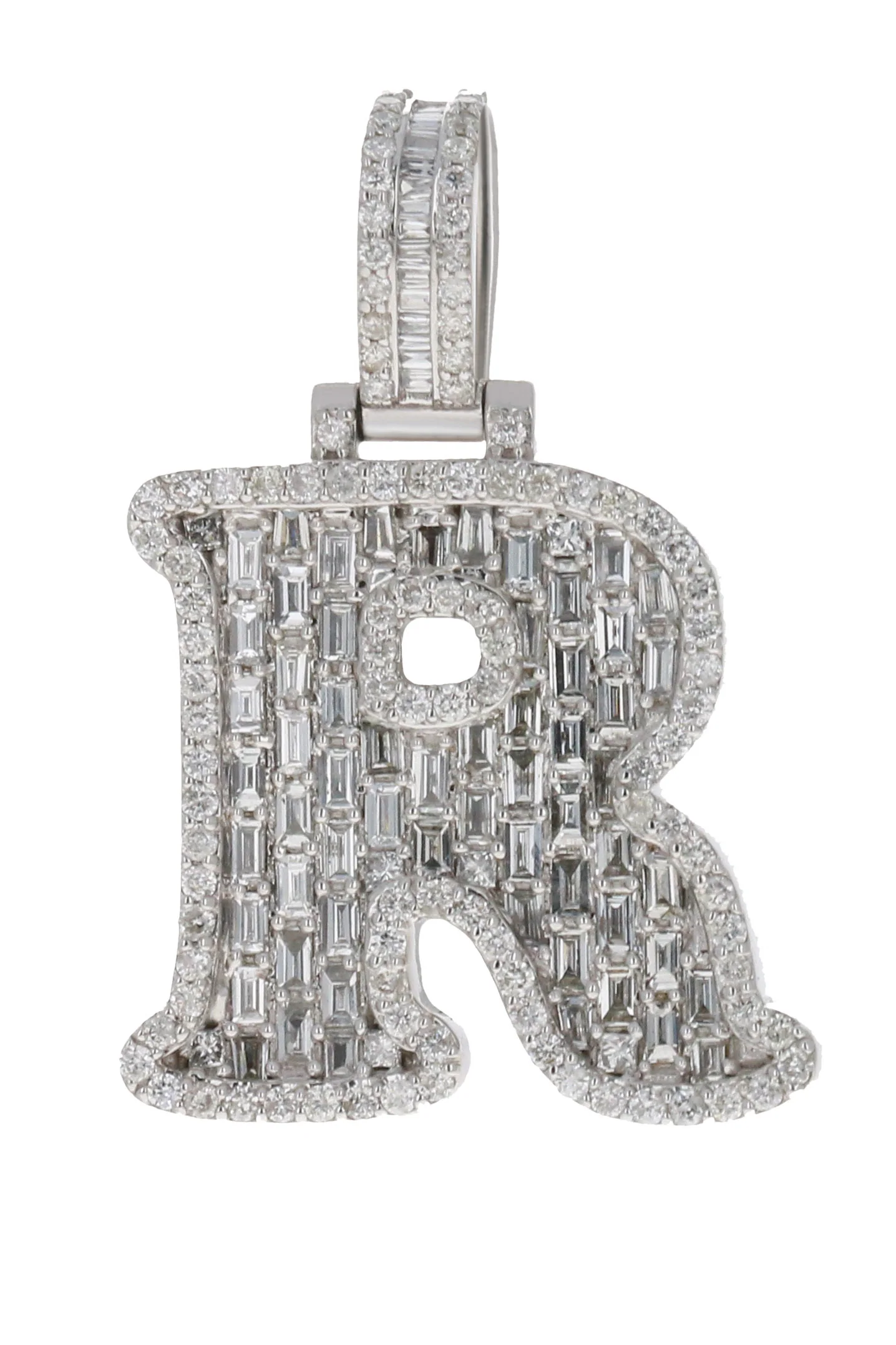 CUSTOM MADE 10KT WHITE GOLD LETTER "R" PENDANT 1.71CT